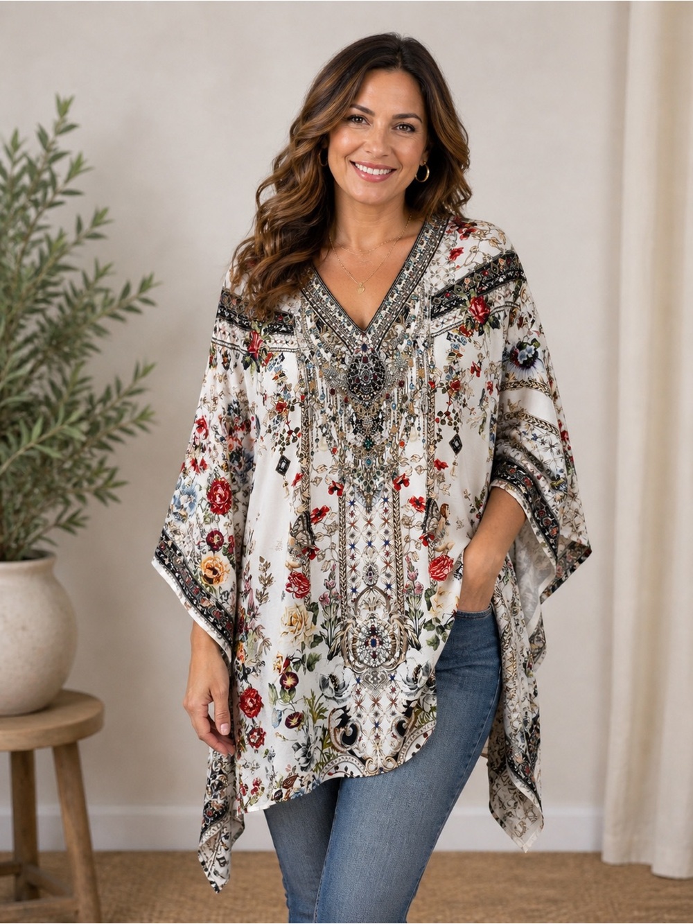 Camilla Embellished Floral V-Neck Poncho Top in Cream with Red and Blue Accents